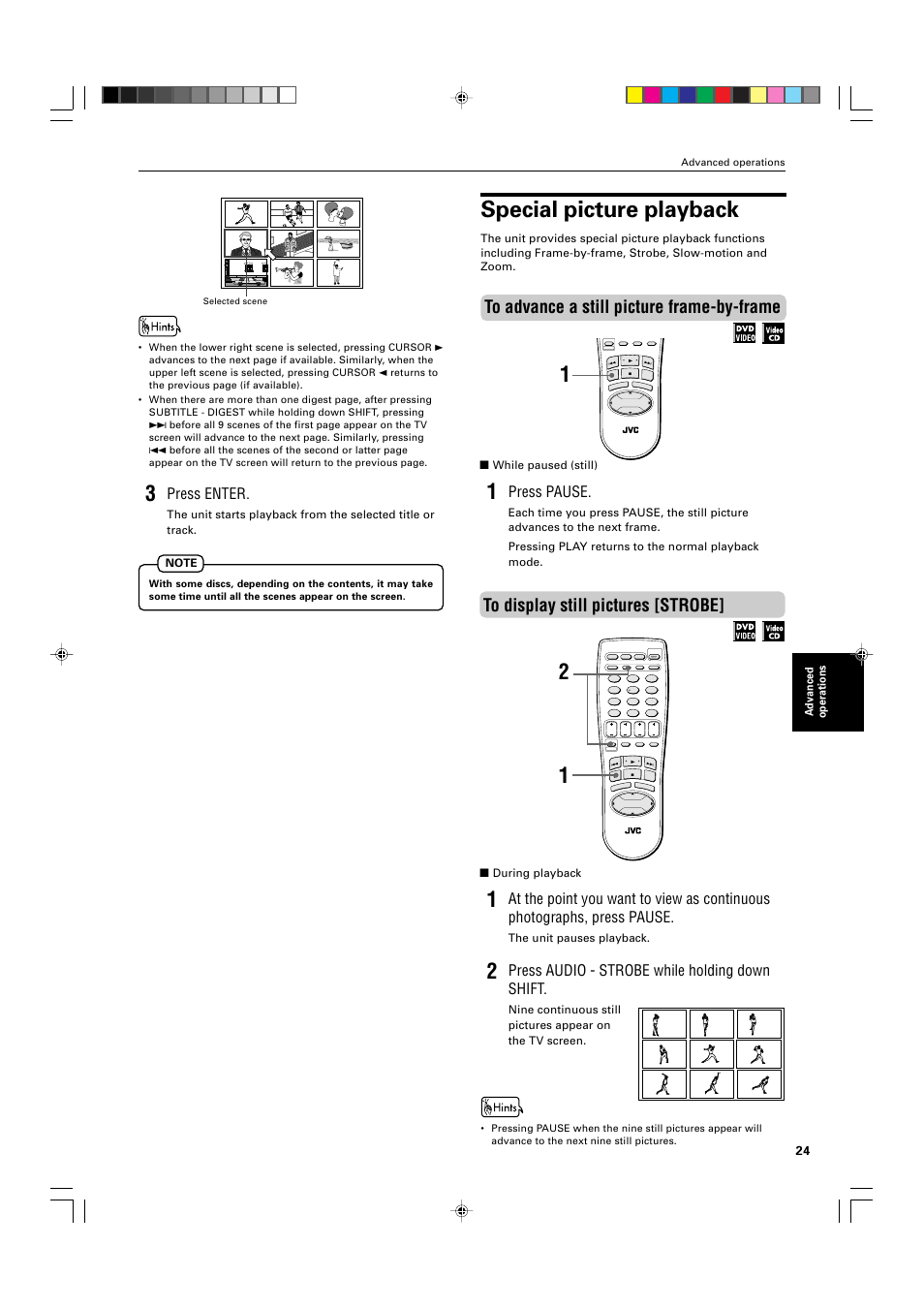 Special picture playback, Press enter, Press pause | Press audio - strobe while holding down shift, While paused (still), During playback, The unit pauses playback, Advanced operations | JVC XV-521BK User Manual | Page 27 / 52