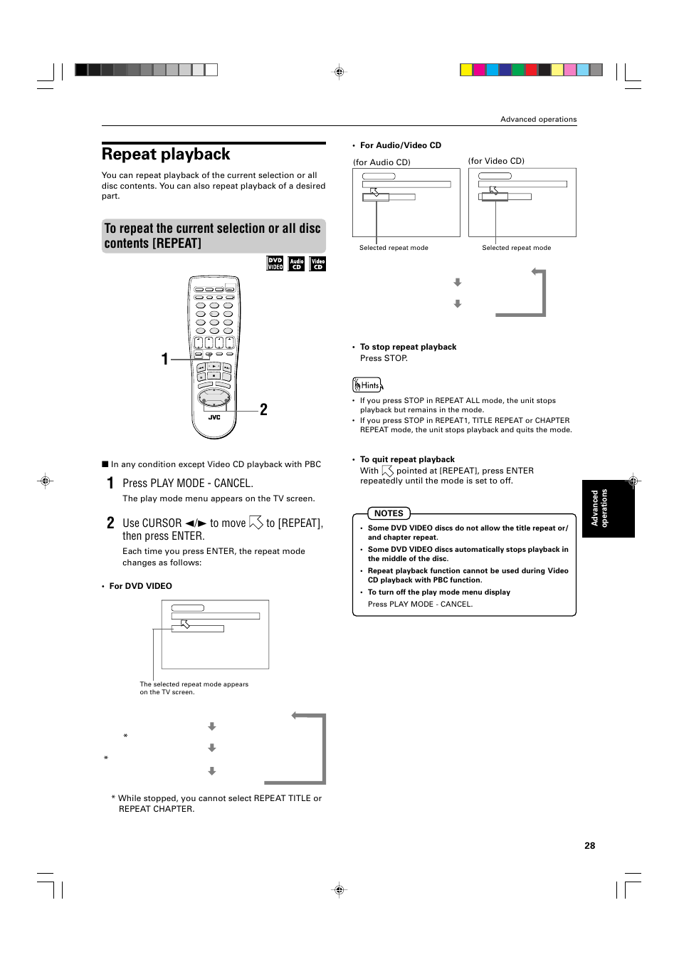 Repeat playback, Press play mode - cancel, Advanced operations | For video cd) (for audio cd), The play mode menu appears on the tv screen | JVC XV-521BK User Manual | Page 31 / 52