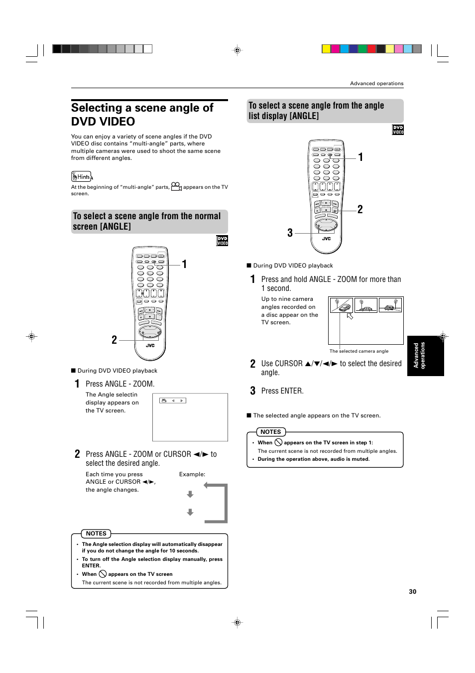 Selecting a scene angle of dvd video, Press and hold angle - zoom for more than 1 second, Use cursor 5/∞/2/3 to select the desired angle | Press enter, Press angle - zoom, During dvd video playback, The selected angle appears on the tv screen, Advanced operations | JVC XV-521BK User Manual | Page 33 / 52