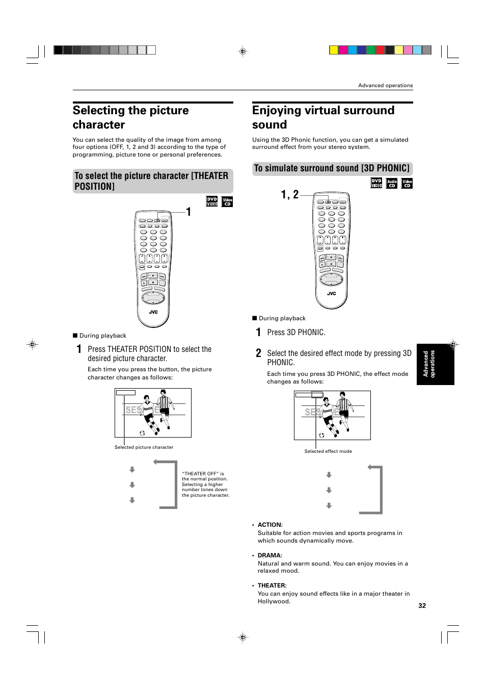 Enjoying virtual surround sound, Selecting the picture character, Press 3d phonic | During playback, Theater 1 theater 2 theater 3 theater off, Advanced operations, Selected effect mode, Selected picture character | JVC XV-521BK User Manual | Page 35 / 52