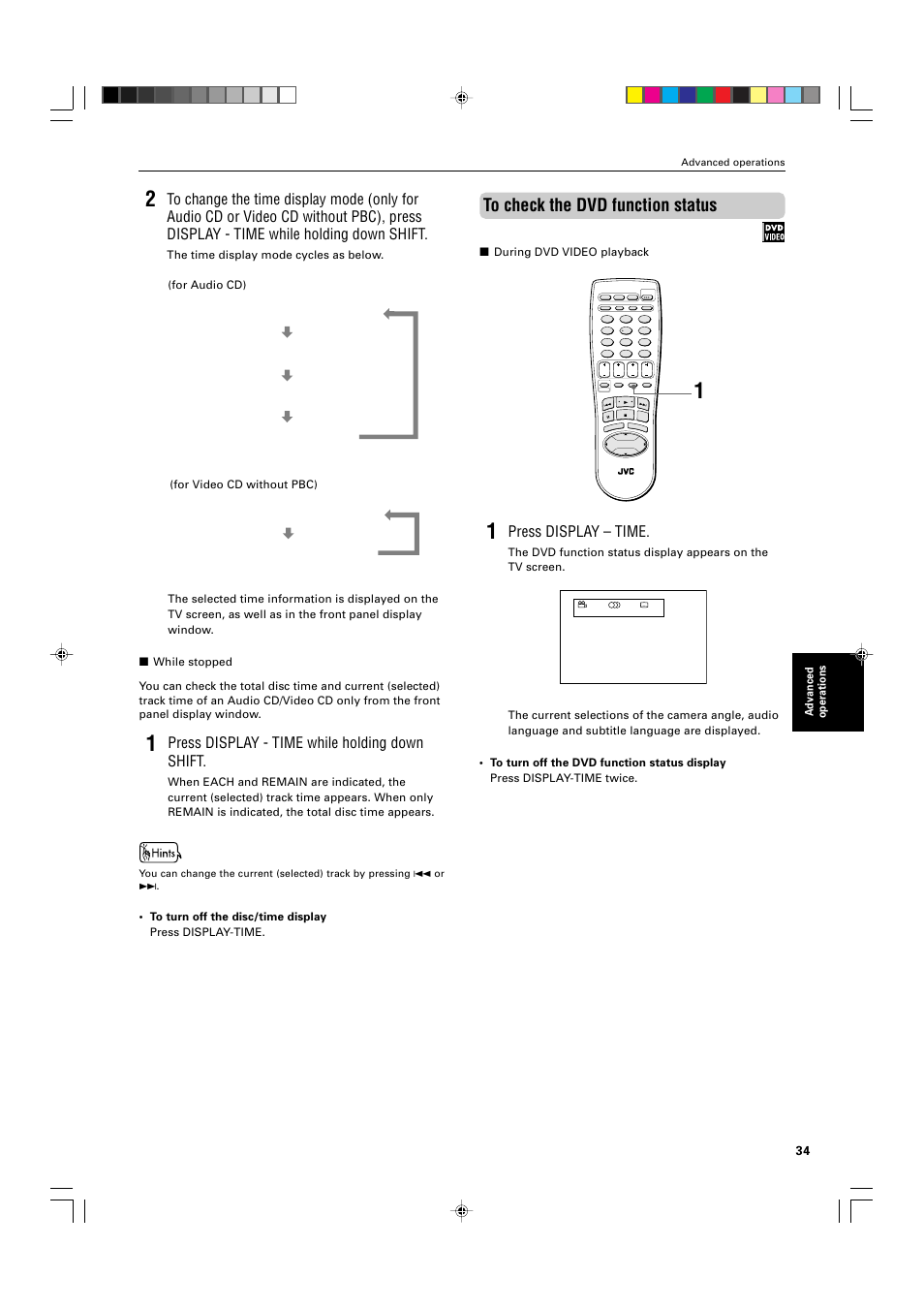 Press display – time, Press display - time while holding down shift, Advanced operations | During dvd video playback, The time display mode cycles as below | JVC XV-521BK User Manual | Page 37 / 52