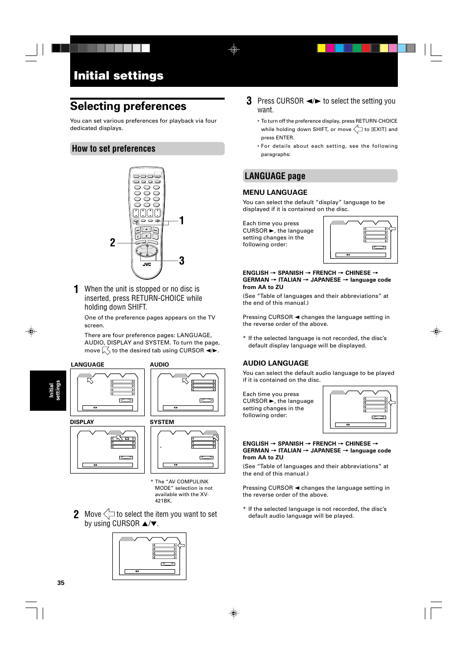 Initial settings, Selecting preferences, Language page | How to set preferences, Press cursor 2/3 to select the setting you want, Menu language, Audio language, Language, Audio display system | JVC XV-521BK User Manual | Page 38 / 52