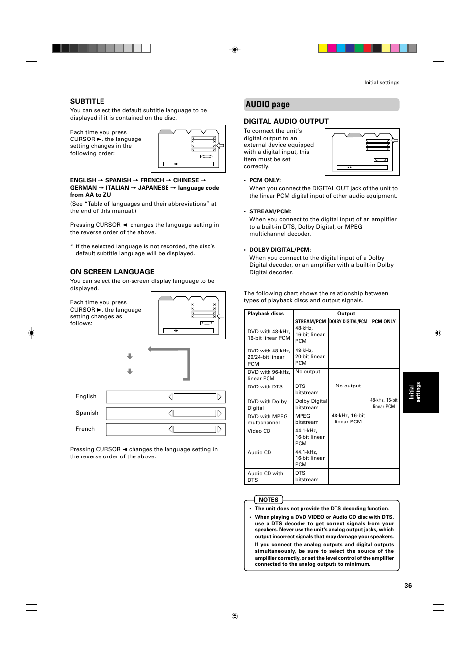 Audio page, Subtitle, On screen language | Digital audio output | JVC XV-521BK User Manual | Page 39 / 52