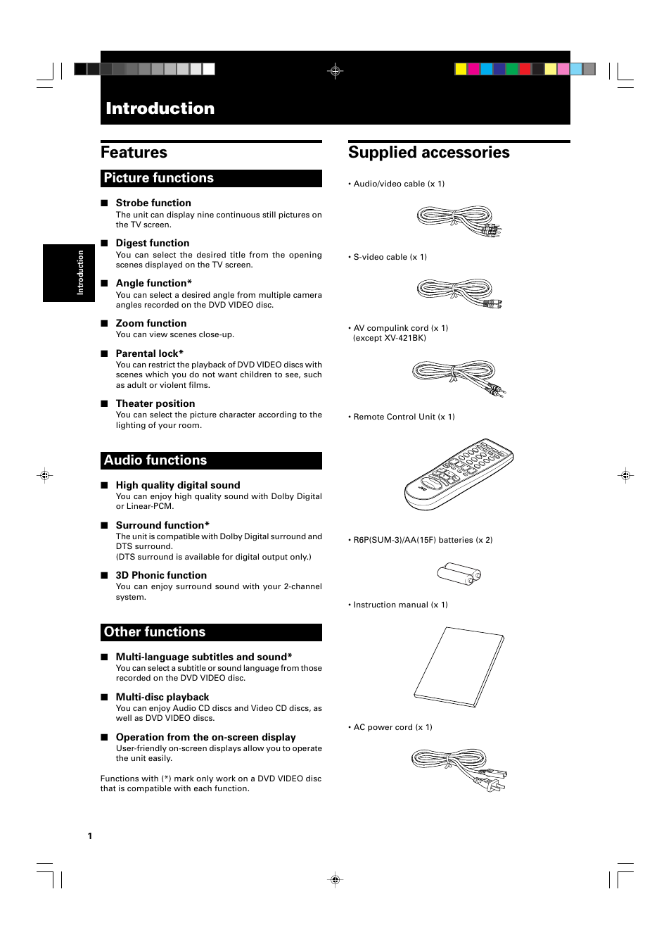 Introduction, Features, Supplied accessories | Picture functions, Audio functions, Other functions | JVC XV-521BK User Manual | Page 4 / 52