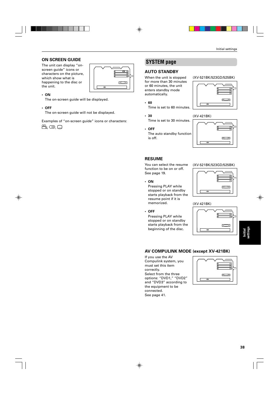 System page, On screen guide, Auto standby | Resume, Av compulink mode (except xv-421bk), Initial settings | JVC XV-521BK User Manual | Page 41 / 52