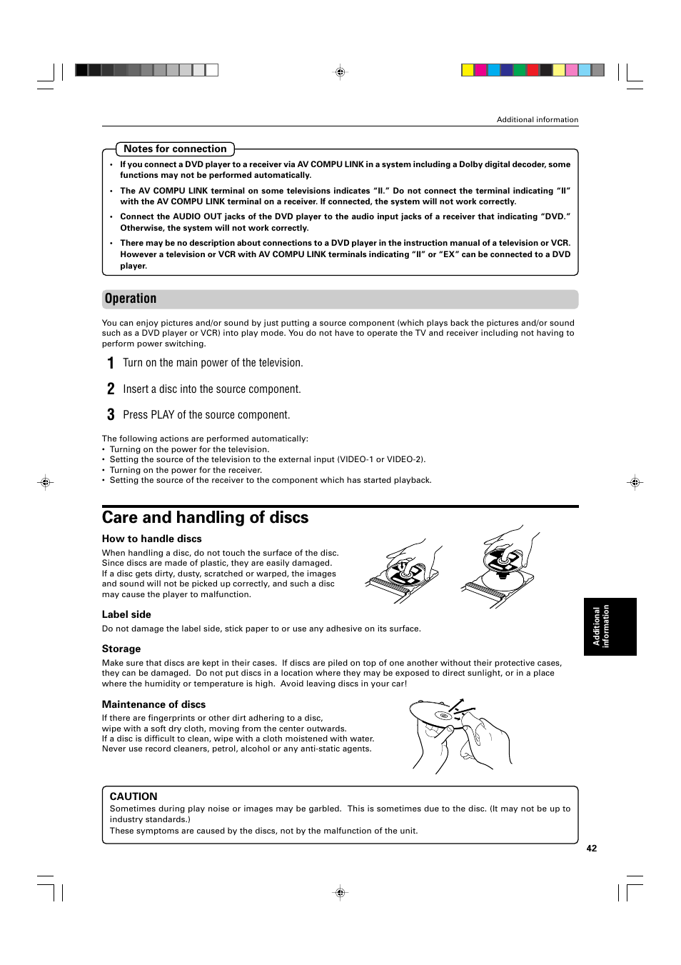 Care and handling of discs, Operation | JVC XV-521BK User Manual | Page 45 / 52