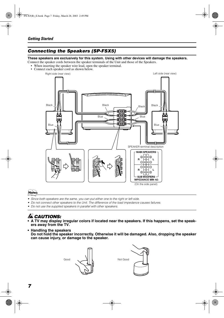 Connecting the speakers (sp-fsx5), Cautions, Getting started | JVC FS-X5 User Manual | Page 10 / 34