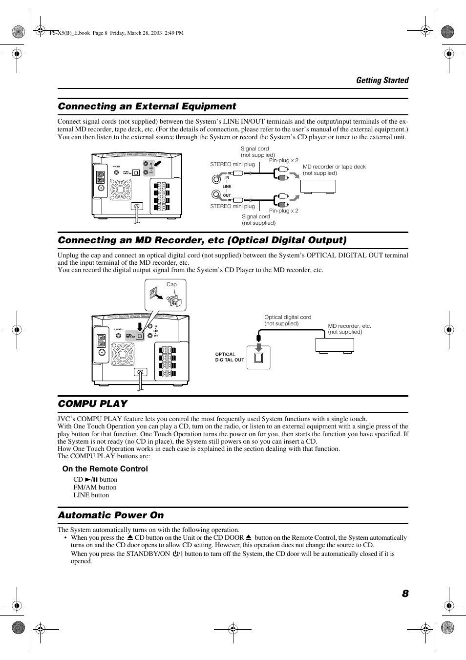 Connecting an external equipment, Compu play, Automatic power on | JVC FS-X5 User Manual | Page 11 / 34