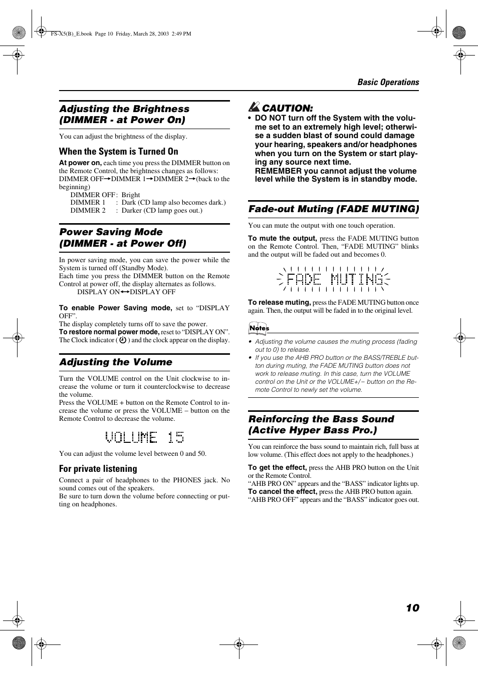 Adjusting the brightness (dimmer - at power on), When the system is turned on, Power saving mode (dimmer - at power off) | Adjusting the volume, For private listening, Caution, Fade-out muting (fade muting) | JVC FS-X5 User Manual | Page 13 / 34