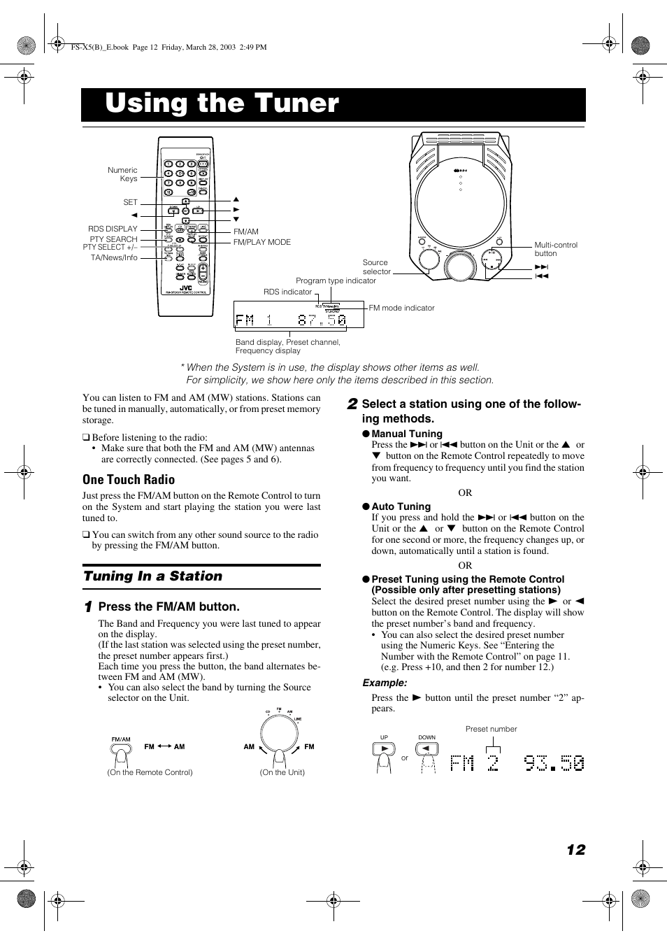 Using the tuner, One touch radio, Tuning in a station | JVC FS-X5 User Manual | Page 15 / 34