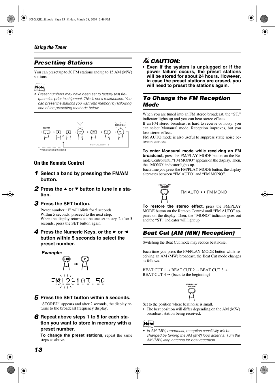 Presetting stations, On the remote control, Caution | Beat cut (am (mw) reception) | JVC FS-X5 User Manual | Page 16 / 34