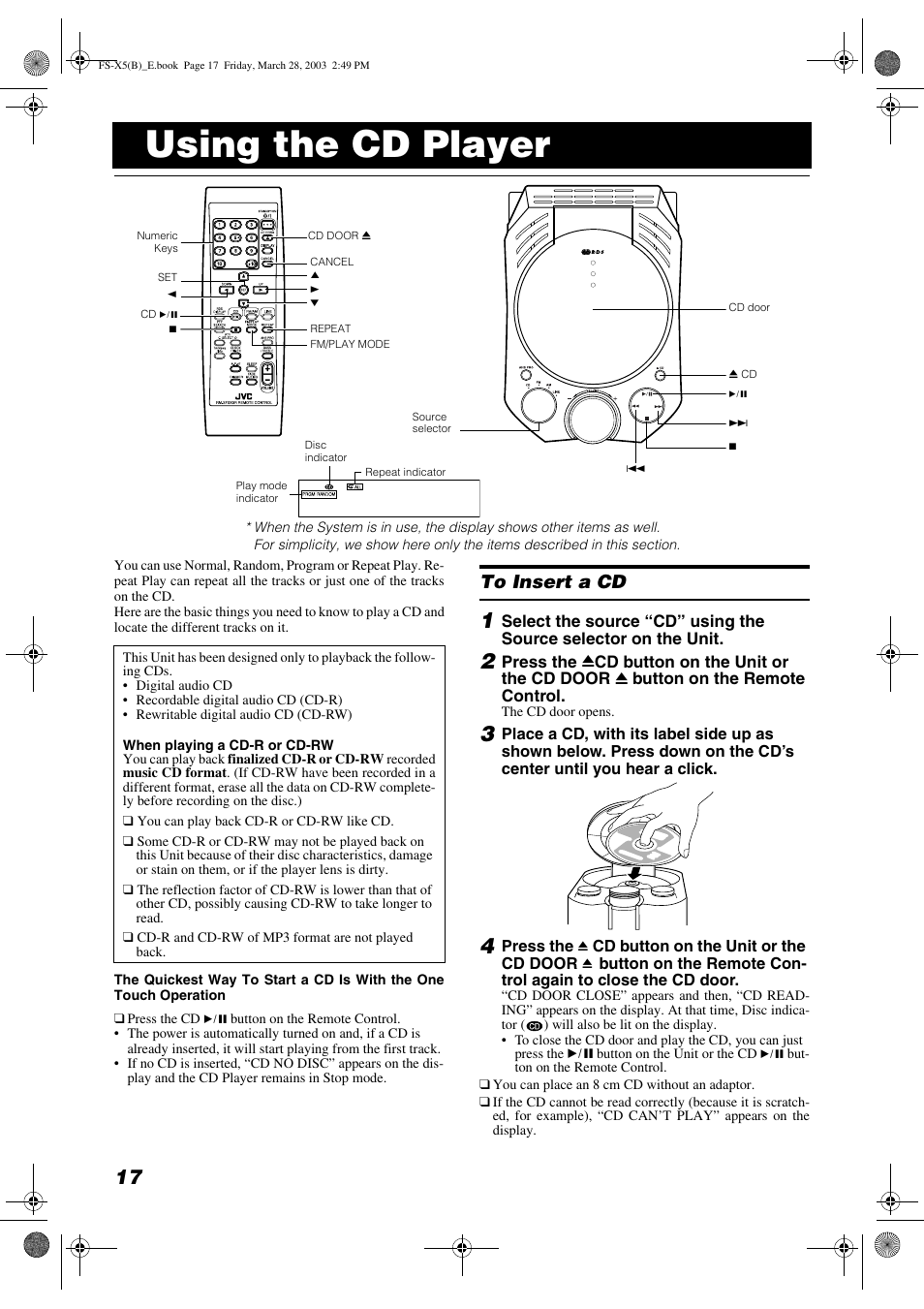 Using the cd player | JVC FS-X5 User Manual | Page 20 / 34