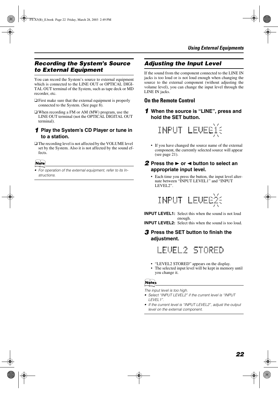 Adjusting the input level, On the remote control | JVC FS-X5 User Manual | Page 25 / 34