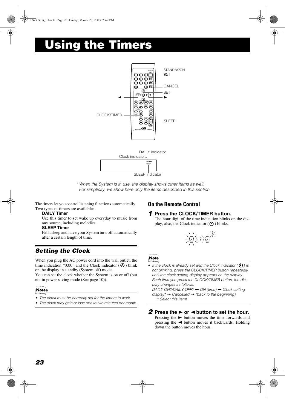 Using the timers, Setting the clock, On the remote control | JVC FS-X5 User Manual | Page 26 / 34