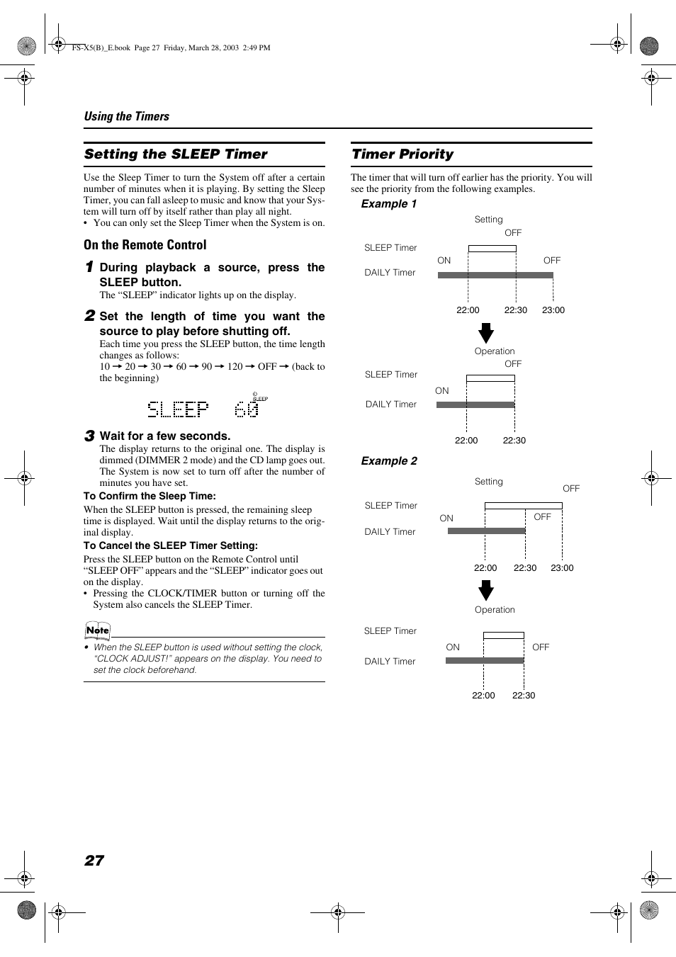 Setting the sleep timer, On the remote control, Timer priority | JVC FS-X5 User Manual | Page 30 / 34