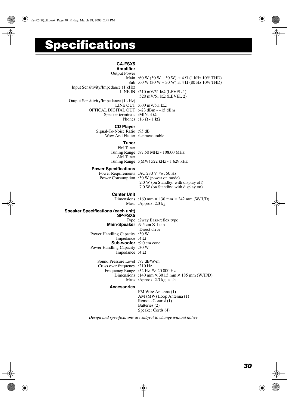 Specifications | JVC FS-X5 User Manual | Page 33 / 34
