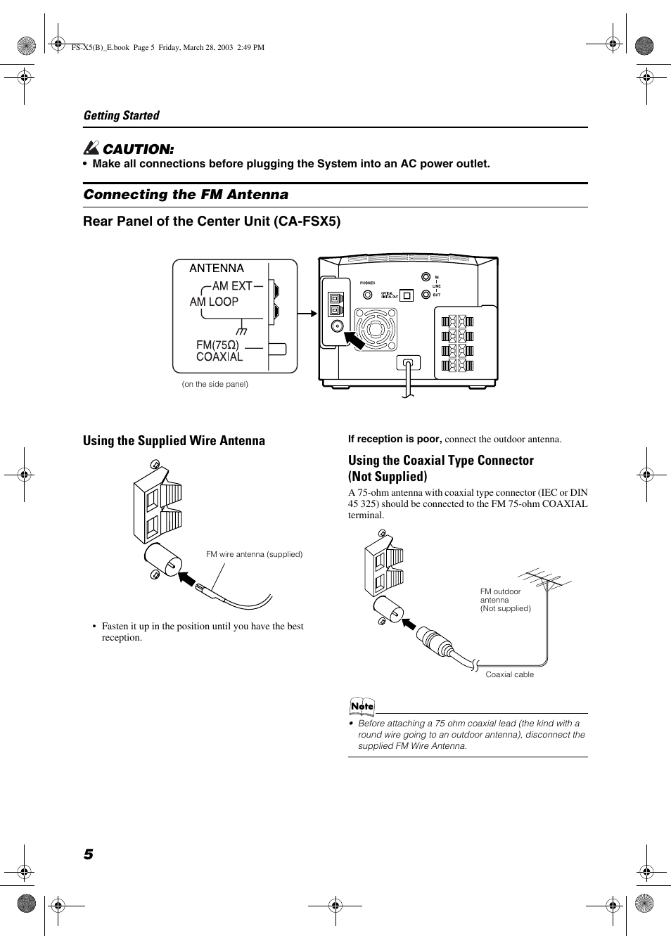 Caution, Using the coaxial type connector (not supplied) | JVC FS-X5 User Manual | Page 8 / 34