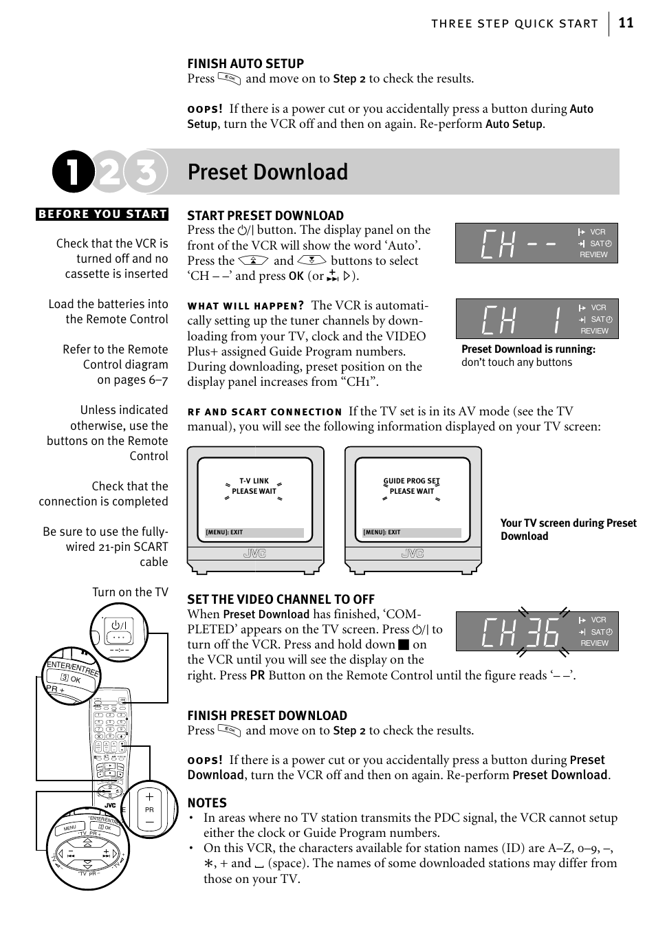 Preset download, Three step quick start 11, Before you start | Or e), Finish auto setup press o and move on to, Turn the vcr off and then on again. re-perform, What will happen, Rf and sc art connection, Oops, Step 2 | JVC HR-J785EK User Manual | Page 11 / 64