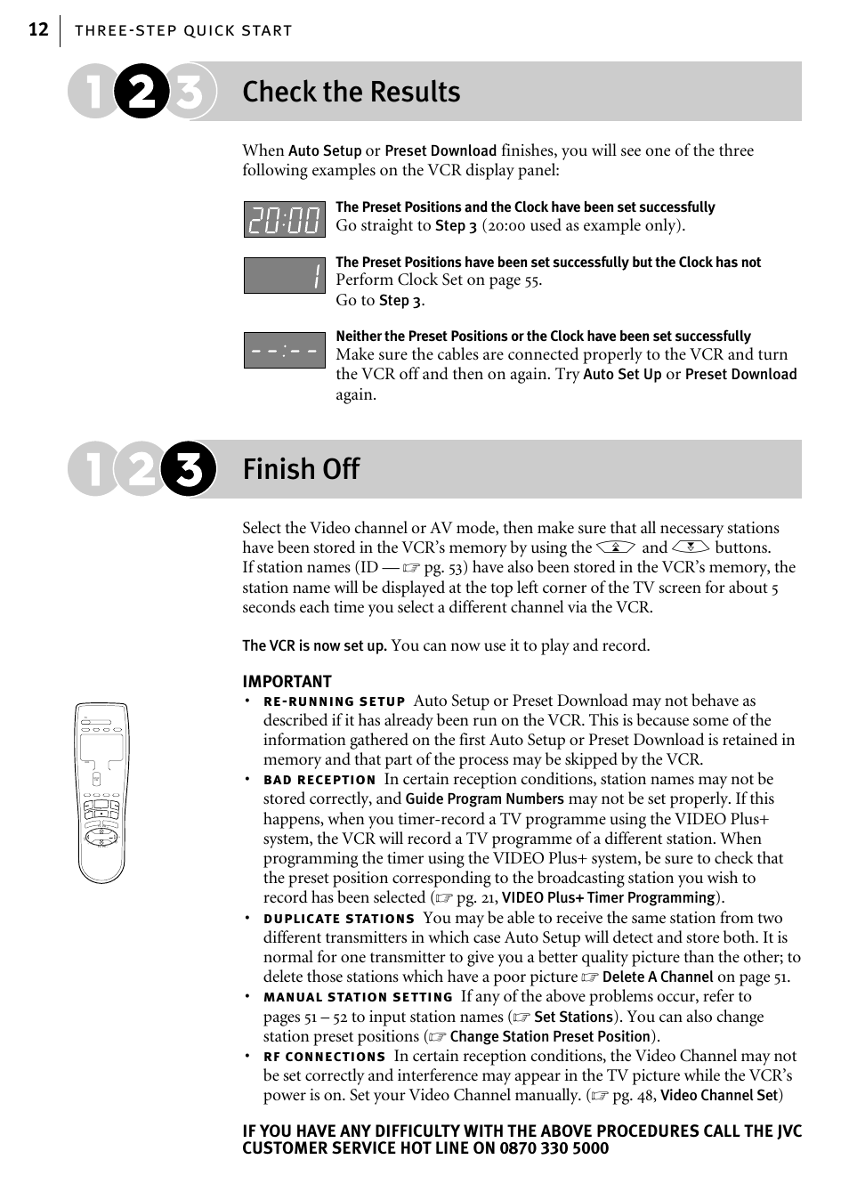 Check the results, Finish off, Three-step quick start 12 | JVC HR-J785EK User Manual | Page 12 / 64