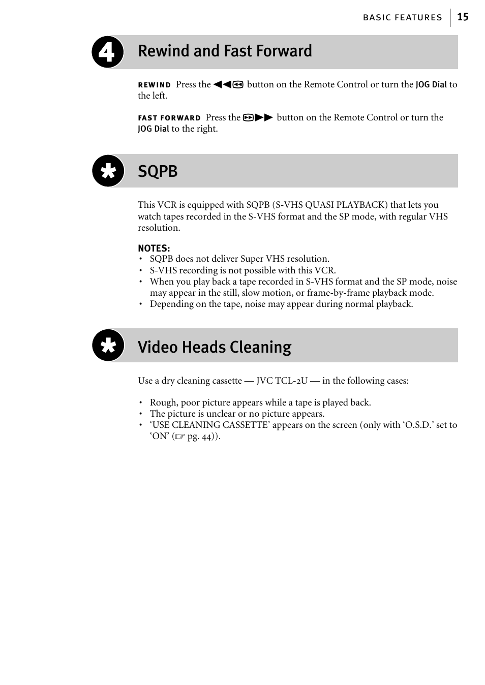 Rewind and fast forward, Sqpb, Video heads cleaning | JVC HR-J785EK User Manual | Page 15 / 64