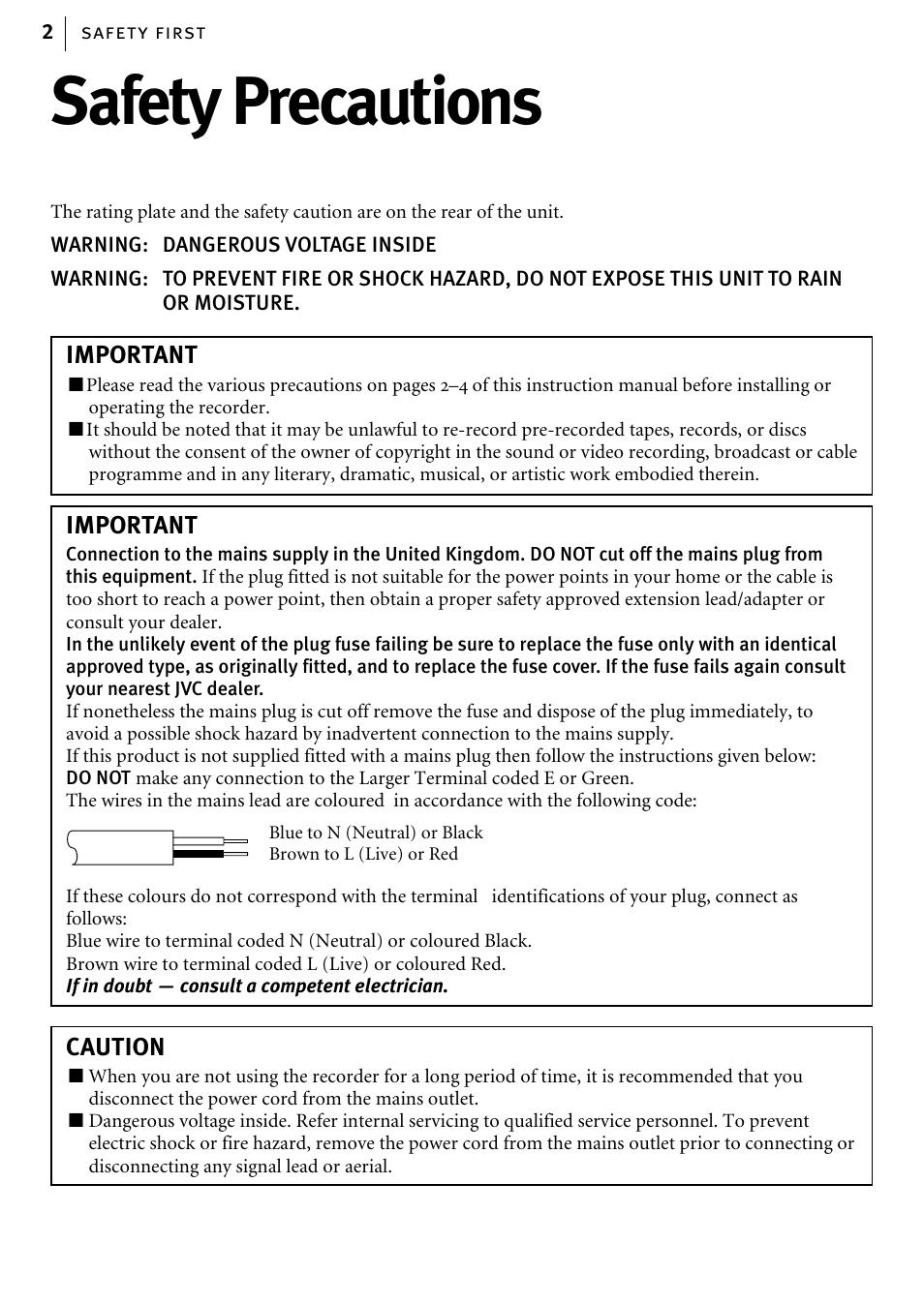 Safety precautions | JVC HR-J785EK User Manual | Page 2 / 64