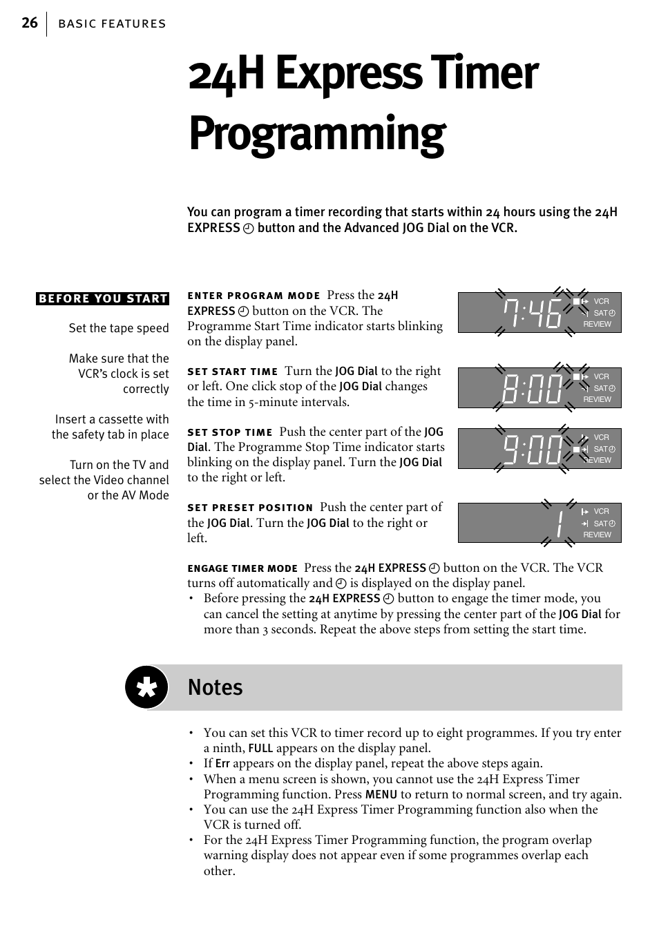 24h express timer programming, Basic features 26, Before you start | JVC HR-J785EK User Manual | Page 26 / 64