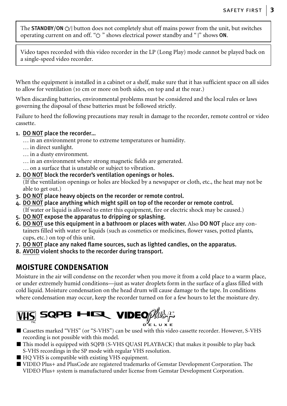 Moisture condensation | JVC HR-J785EK User Manual | Page 3 / 64