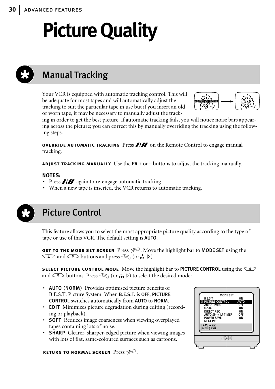 Picture quality, Manual tracking, Picture control | Advanced features 30 | JVC HR-J785EK User Manual | Page 30 / 64