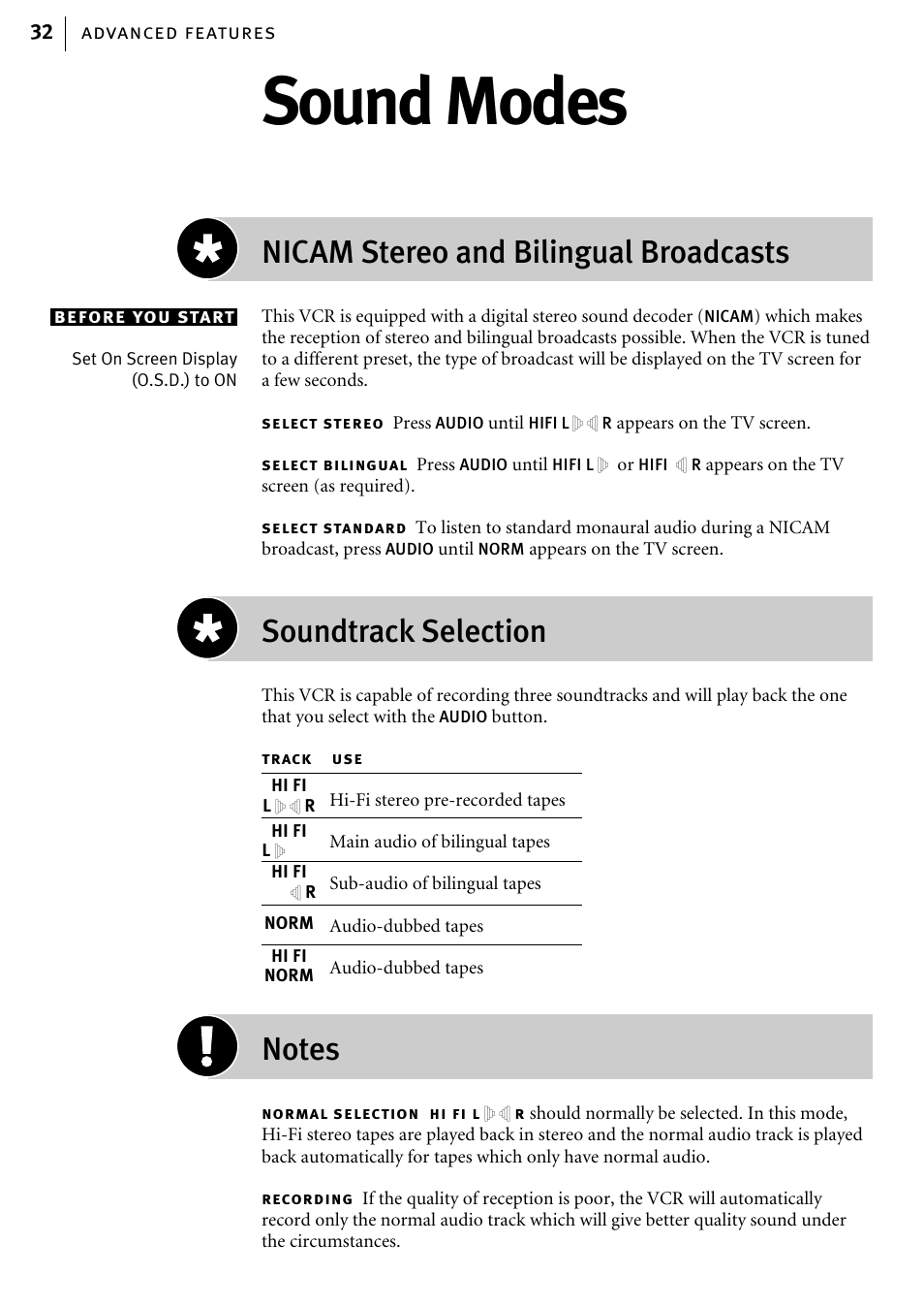 Sound modes, Nicam stereo and bilingual broadcasts, Soundtrack selection | JVC HR-J785EK User Manual | Page 32 / 64