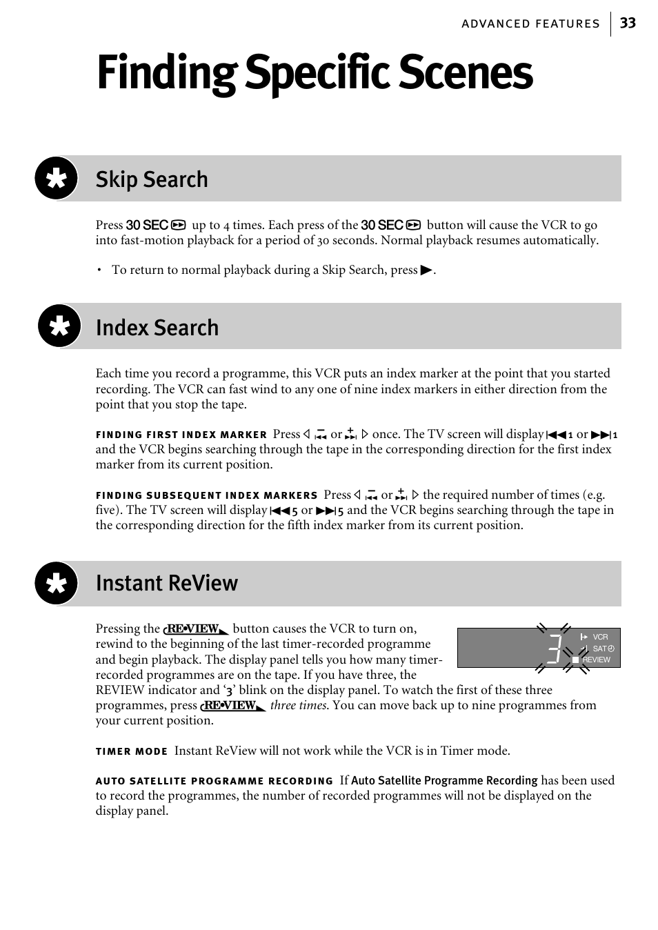 Finding specific scenes, Skip search, Index search | Instant review | JVC HR-J785EK User Manual | Page 33 / 64