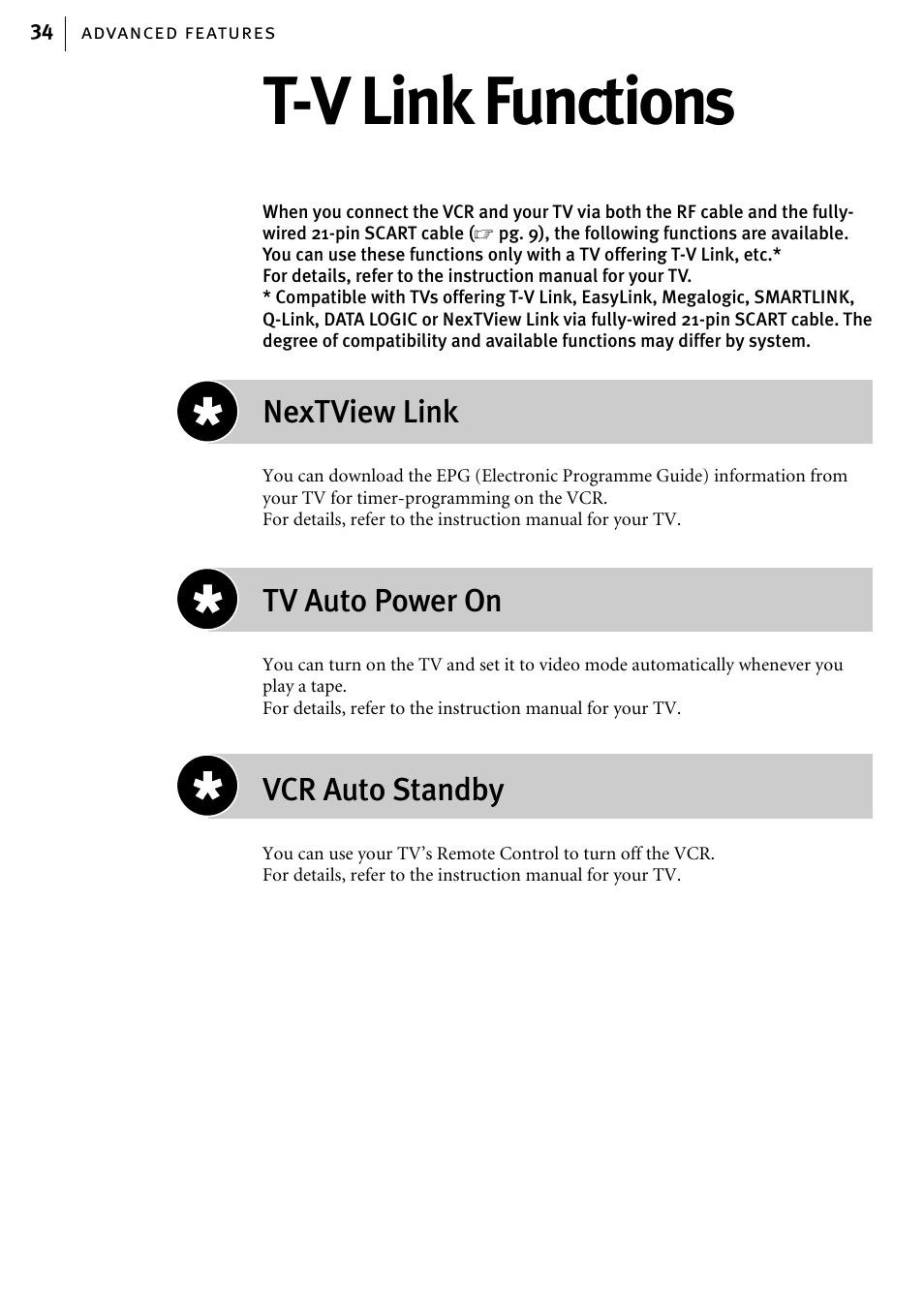 T-v link functions, Nextview link, Tv auto power on | Vcr auto standby | JVC HR-J785EK User Manual | Page 34 / 64