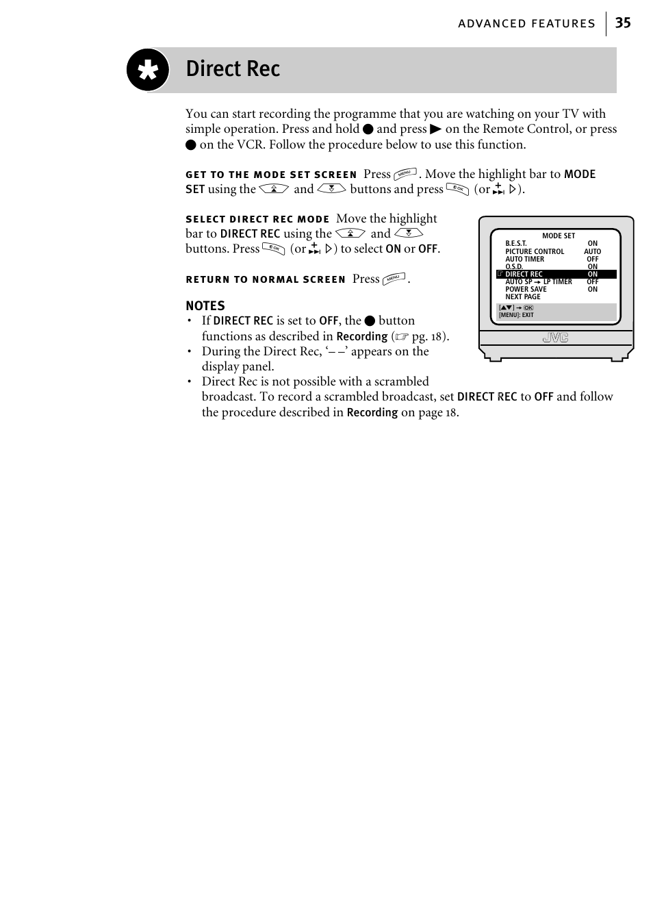 Direct rec, Advanced features 35 | JVC HR-J785EK User Manual | Page 35 / 64