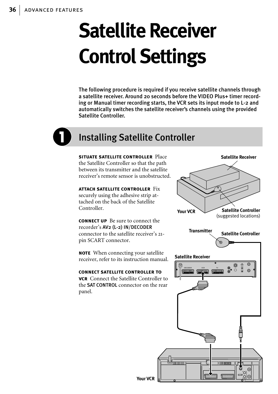 Satellite receiver control settings, Installing satellite controller | JVC HR-J785EK User Manual | Page 36 / 64