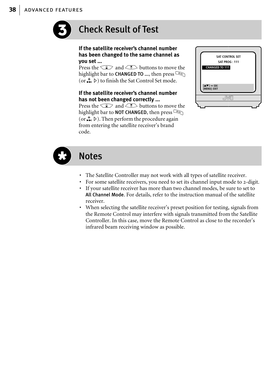 Check result of test, Advanced features 38 | JVC HR-J785EK User Manual | Page 38 / 64