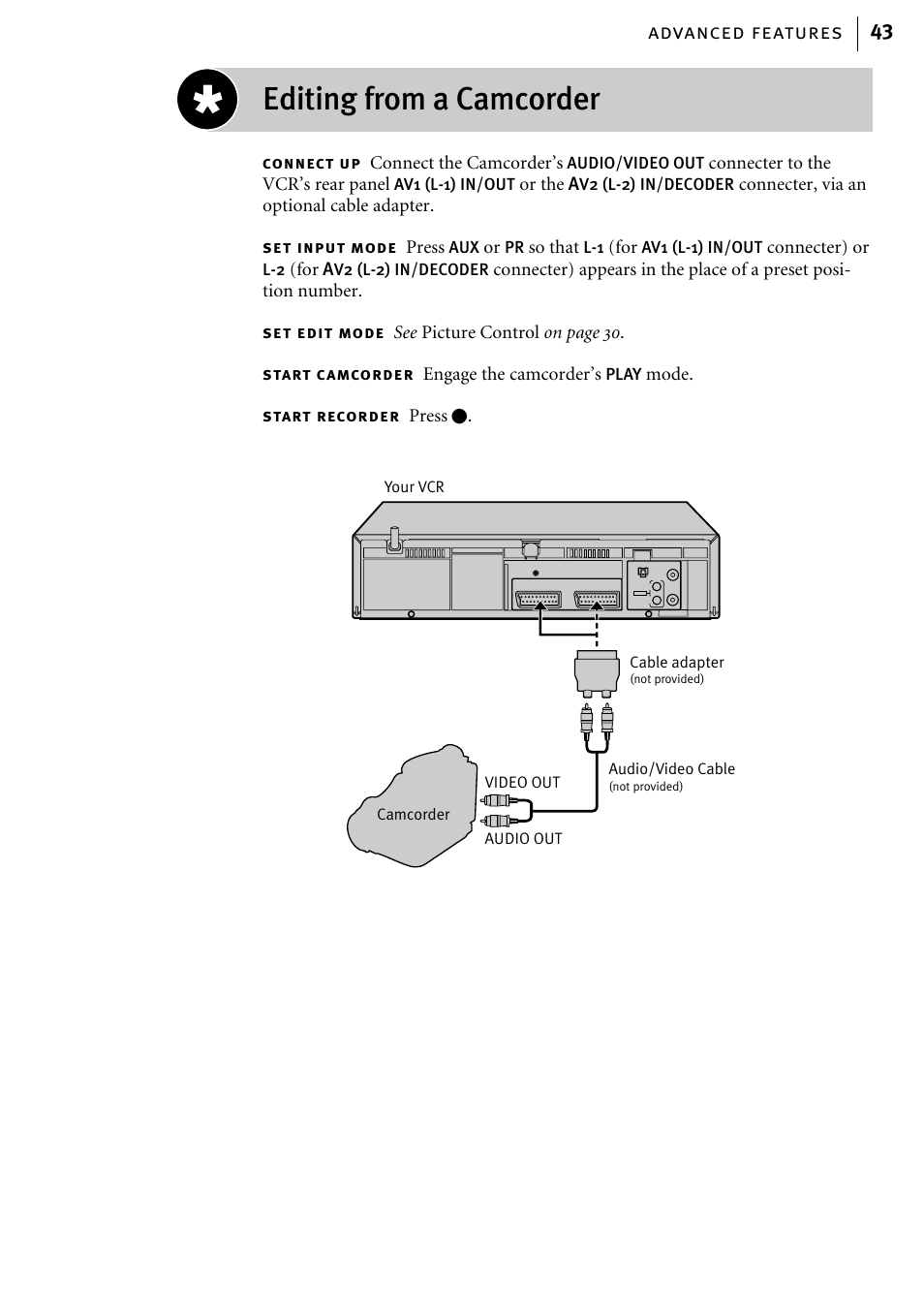 Editing from a camcorder, Advanced features 43 | JVC HR-J785EK User Manual | Page 43 / 64