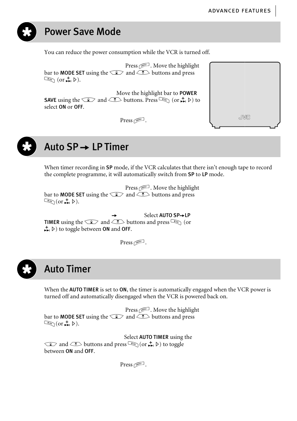 Power save mode, Auto sp a lp timer, Auto timer | JVC HR-J785EK User Manual | Page 45 / 64