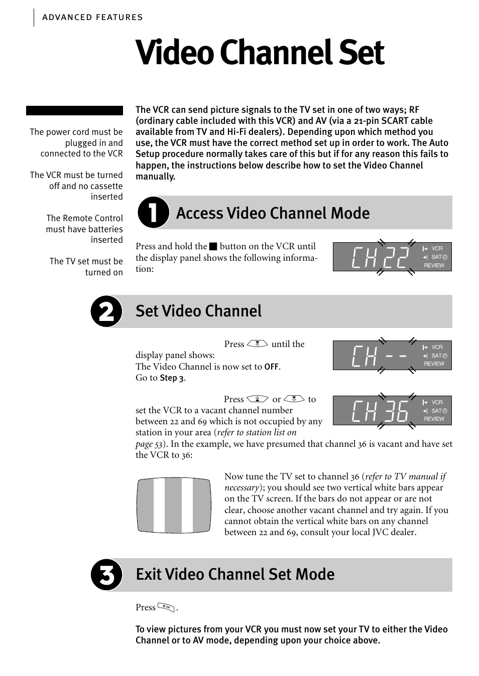 Video channel set, Access video channel mode, Set video channel | Exit video channel set mode | JVC HR-J785EK User Manual | Page 48 / 64