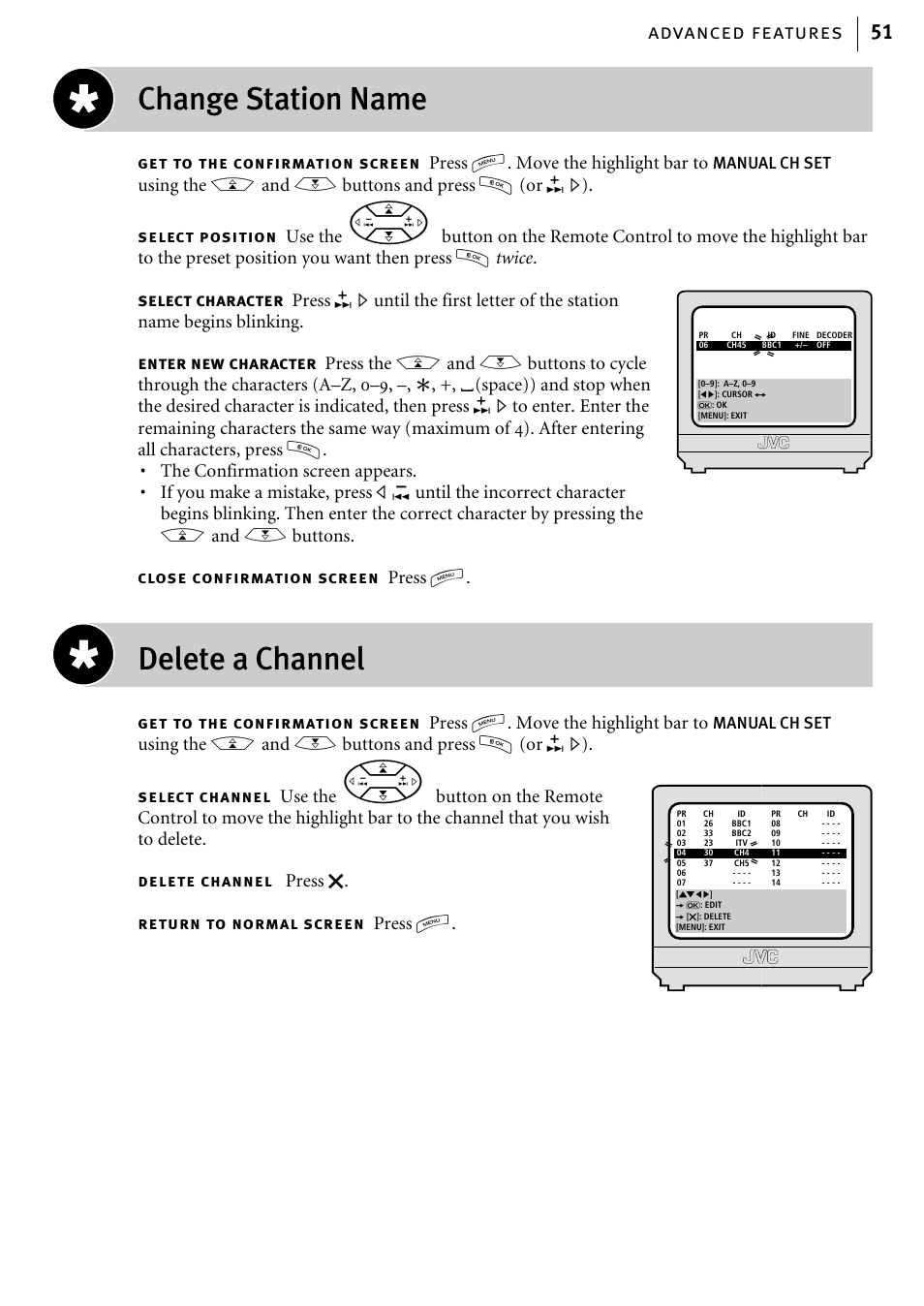 Change station name, Delete a channel, Advanced features 51 | JVC HR-J785EK User Manual | Page 51 / 64