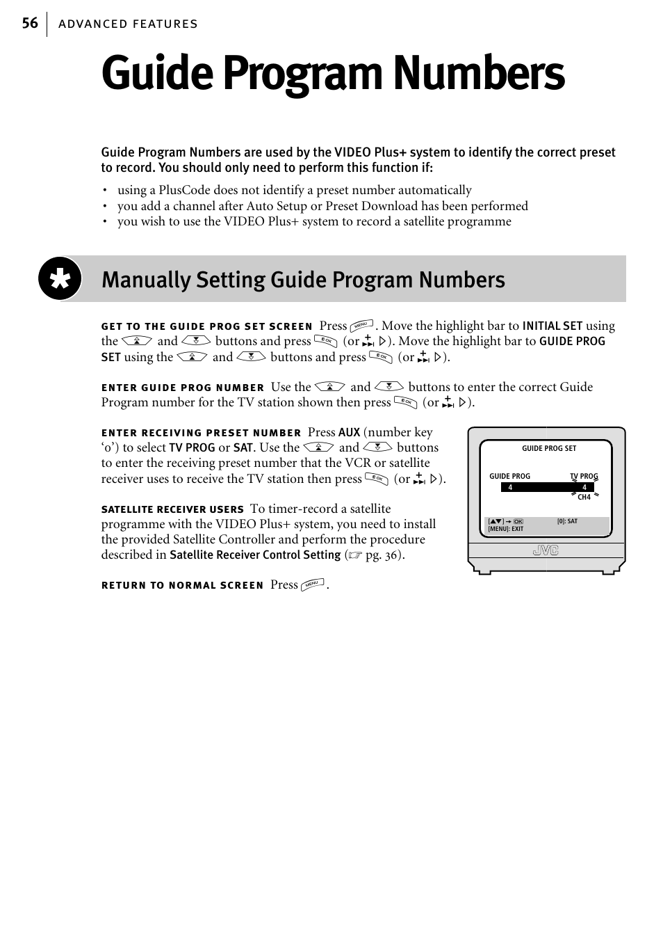 Guide program numbers, Manually setting guide program numbers, Advanced features 56 | JVC HR-J785EK User Manual | Page 56 / 64