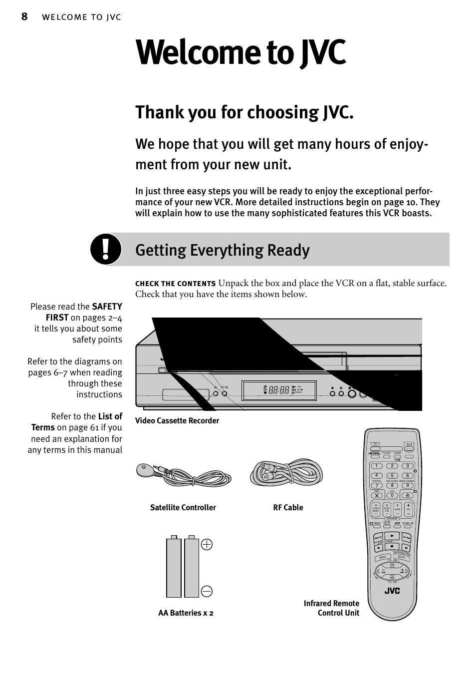 Welcome to jvc, Getting everything ready, Welcome to jvc 8 before you start | Check the contents, Video cassette recorder aa batteries x 2 | JVC HR-J785EK User Manual | Page 8 / 64