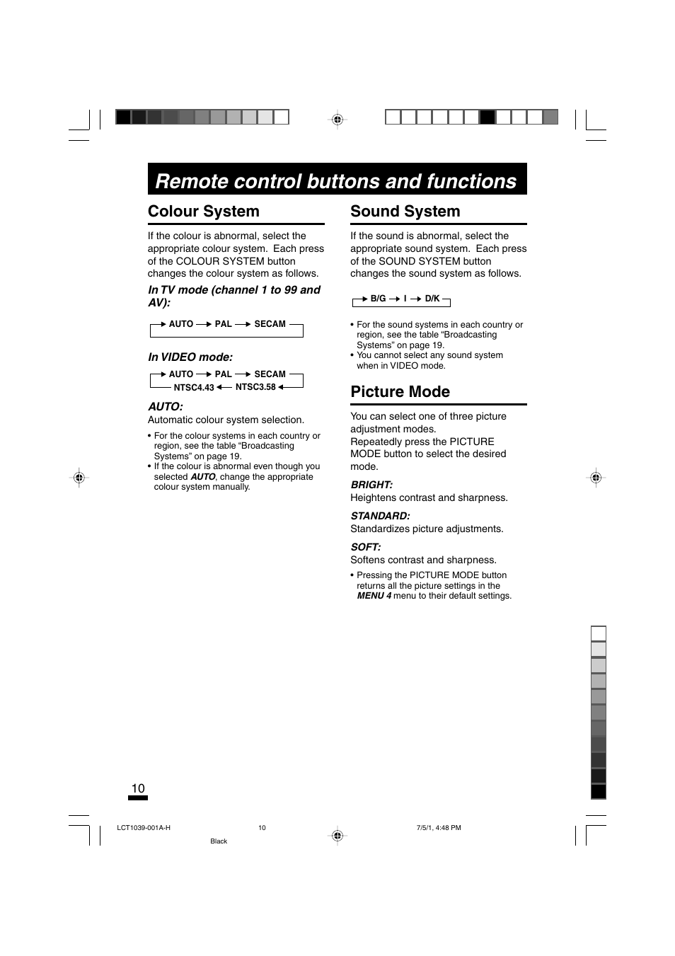 Remote control buttons and functions, Colour system, Sound system | Picture mode | JVC AV-14A10  EN User Manual | Page 10 / 20