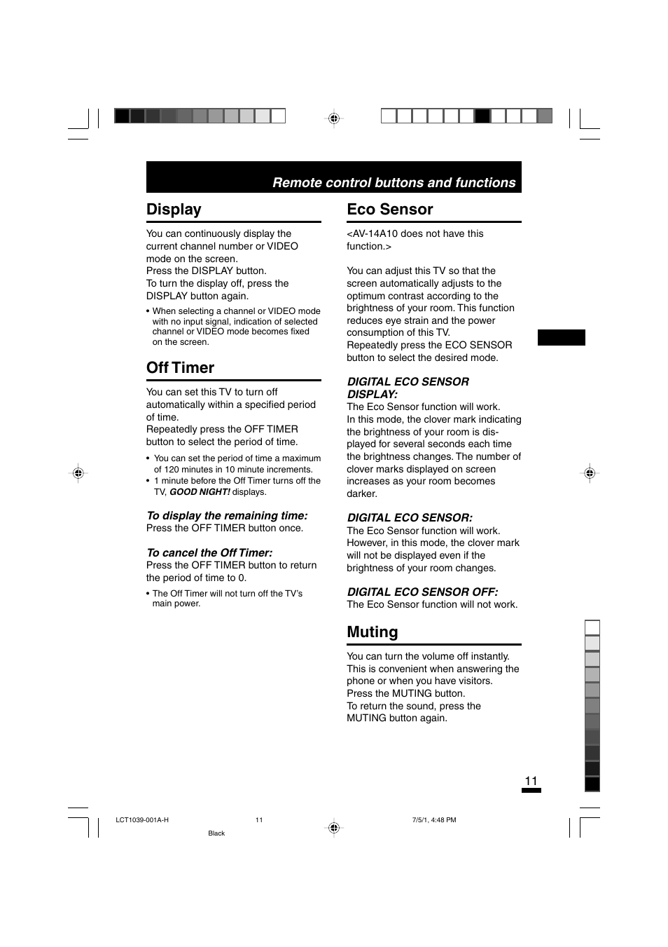 Display, Off timer, Eco sensor | Muting, Remote control buttons and functions | JVC AV-14A10  EN User Manual | Page 11 / 20