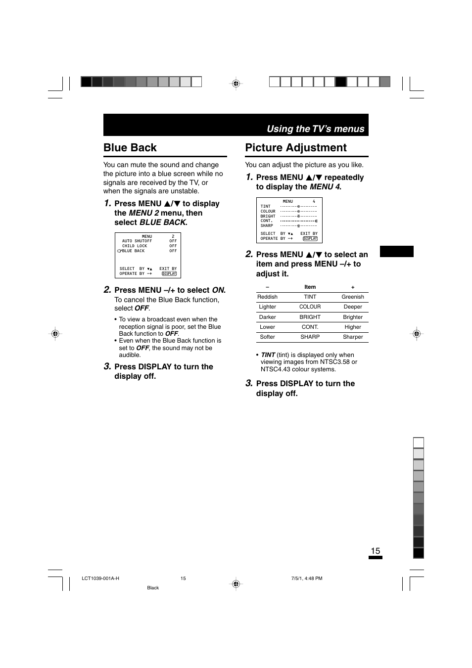 Blue back, Picture adjustment, Using the tv’s menus | JVC AV-14A10  EN User Manual | Page 15 / 20