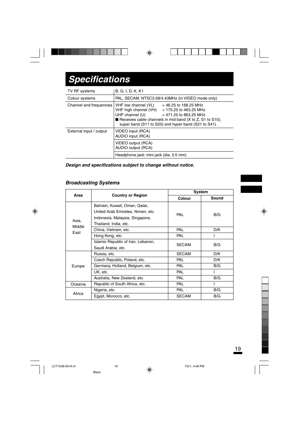 Specifications, Broadcasting systems | JVC AV-14A10  EN User Manual | Page 19 / 20