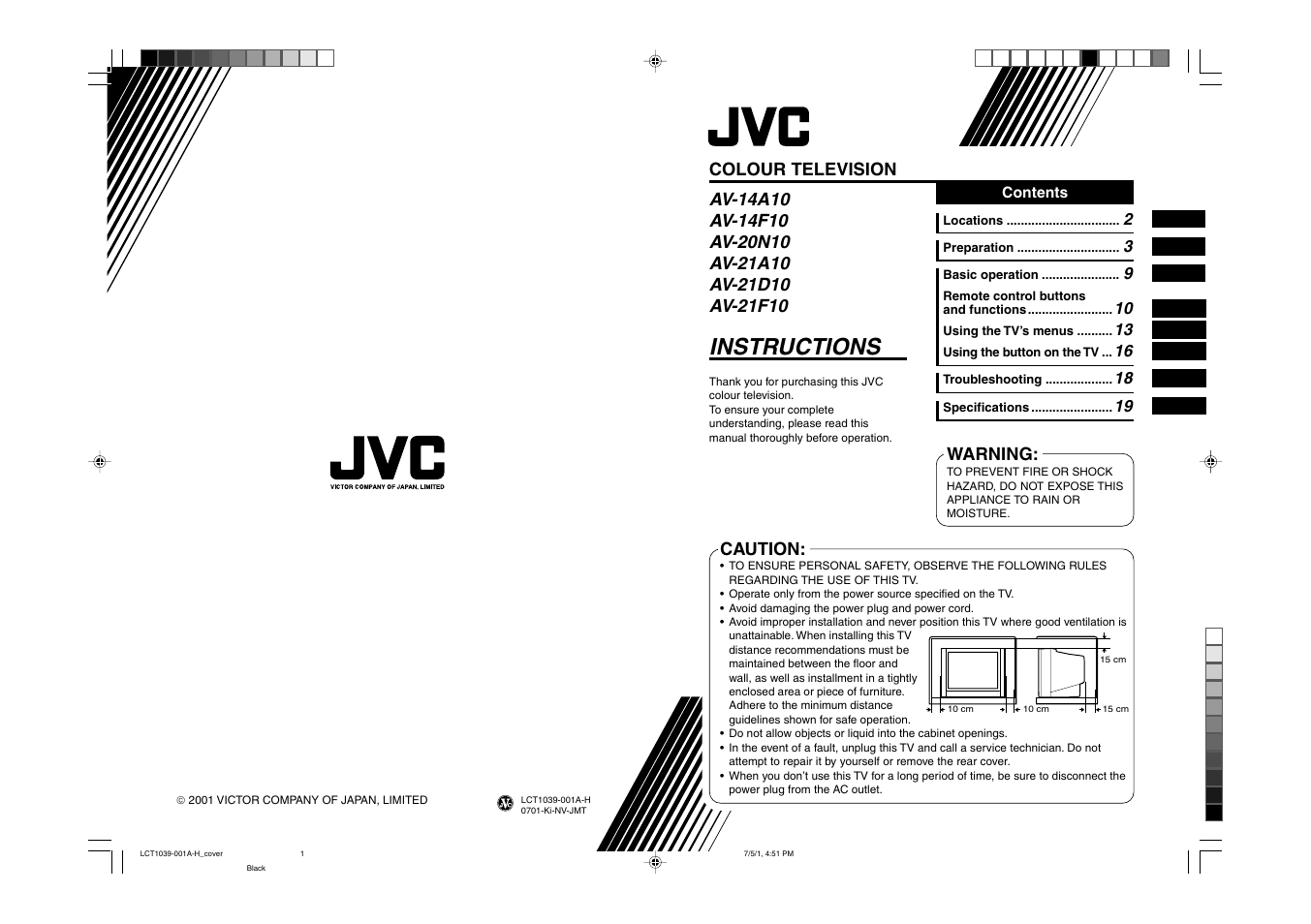 Instructions, Colour television, Caution | Warning | JVC AV-14A10  EN User Manual | Page 20 / 20