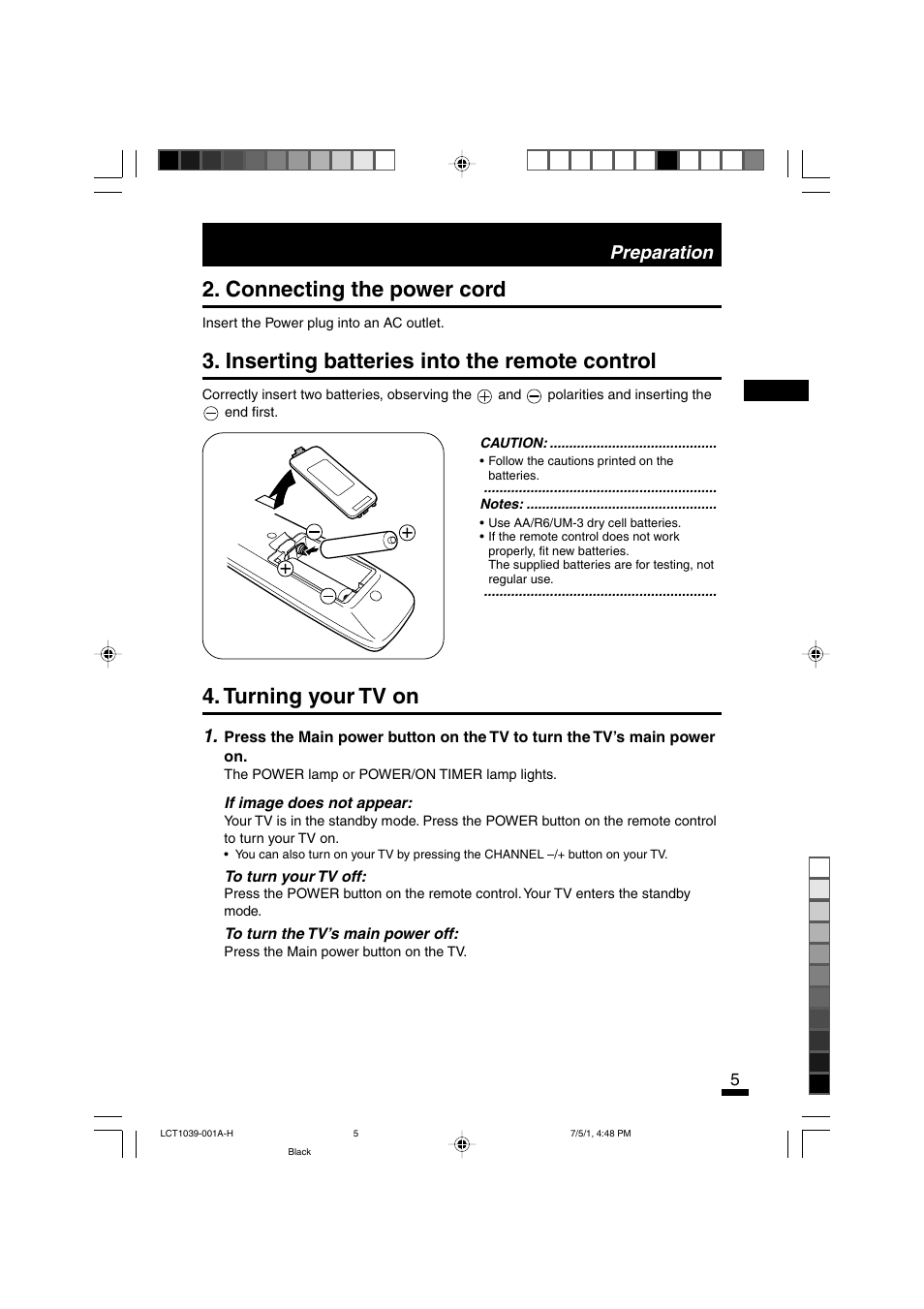 Turning your tv on, Connecting the power cord, Inserting batteries into the remote control | Preparation | JVC AV-14A10  EN User Manual | Page 5 / 20