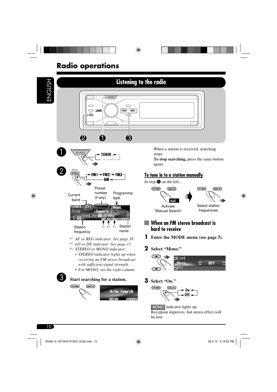 Radio operations, Listening to the radio, English | When an fm stereo broadcast is hard to receive 1 | JVC LVT1311-003A User Manual | Page 10 / 62