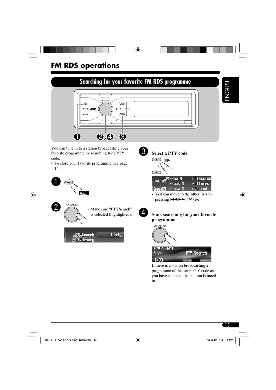 Fm rds operations, Searching for your favorite fm rds programme | JVC LVT1311-003A User Manual | Page 13 / 62