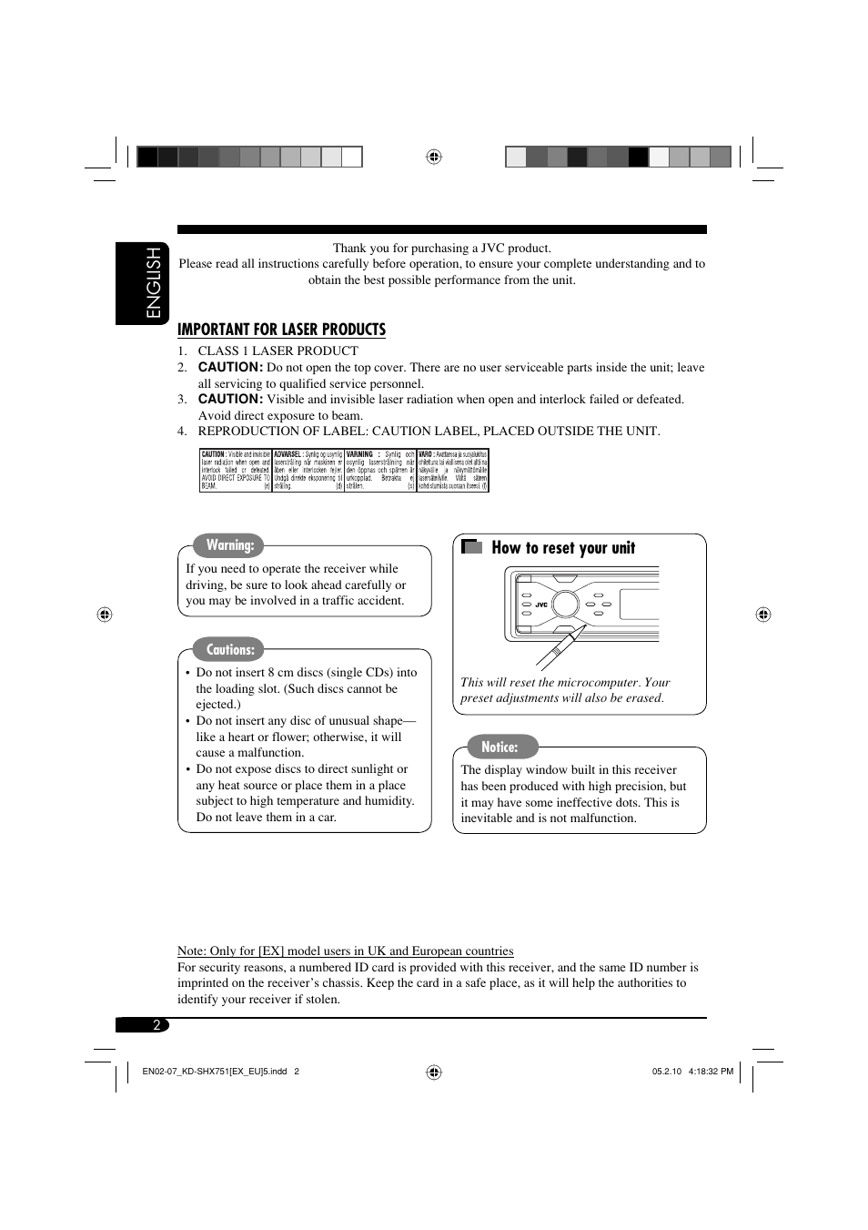 Important for laser products, English how to reset your unit | JVC LVT1311-003A User Manual | Page 2 / 62