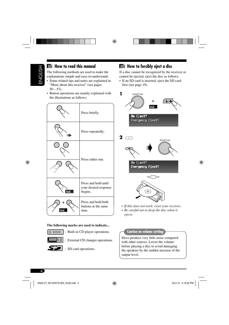 English how to read this manual, How to forcibly eject a disc | JVC LVT1311-003A User Manual | Page 4 / 62